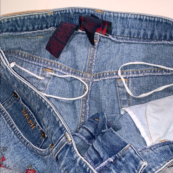 Vintage RALPH Ralph Lauren Denim Mini Skirt CrossStitch Floral Embroidery 10 Y2K - Picture 13 of 14